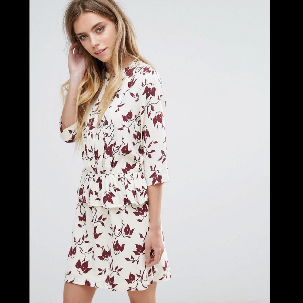GANNI Pleated Crepe Ivory Floral Viscose Dress
